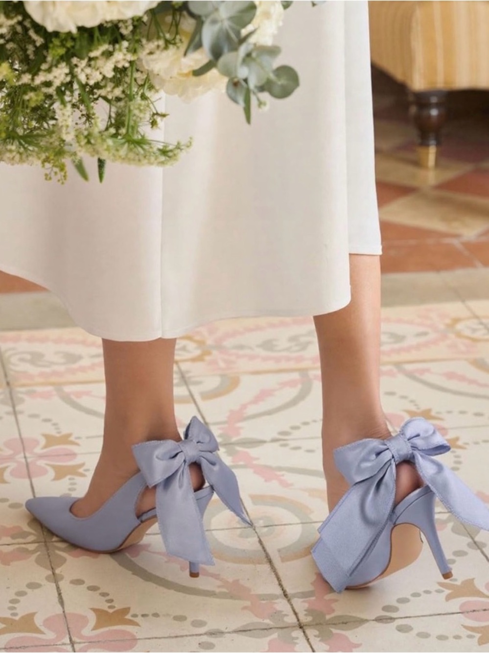Blue Satin Slingback‎ Heels Bow Stiletto Pumps Wedding Bridal Shoes Size 7 New